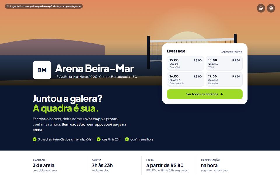 Topo da página de Arena Beira-Mar, feita pela VEXO