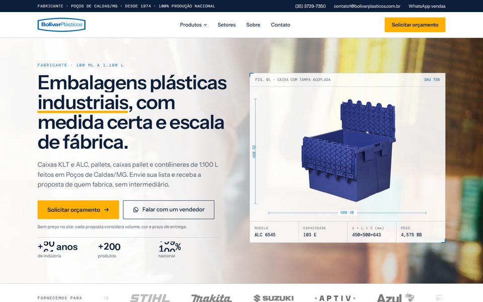 Topo da página de Bolivar Plásticos, feita pela VEXO
