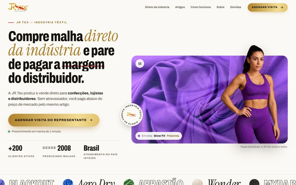 Topo da página de JR Tex, feita pela VEXO