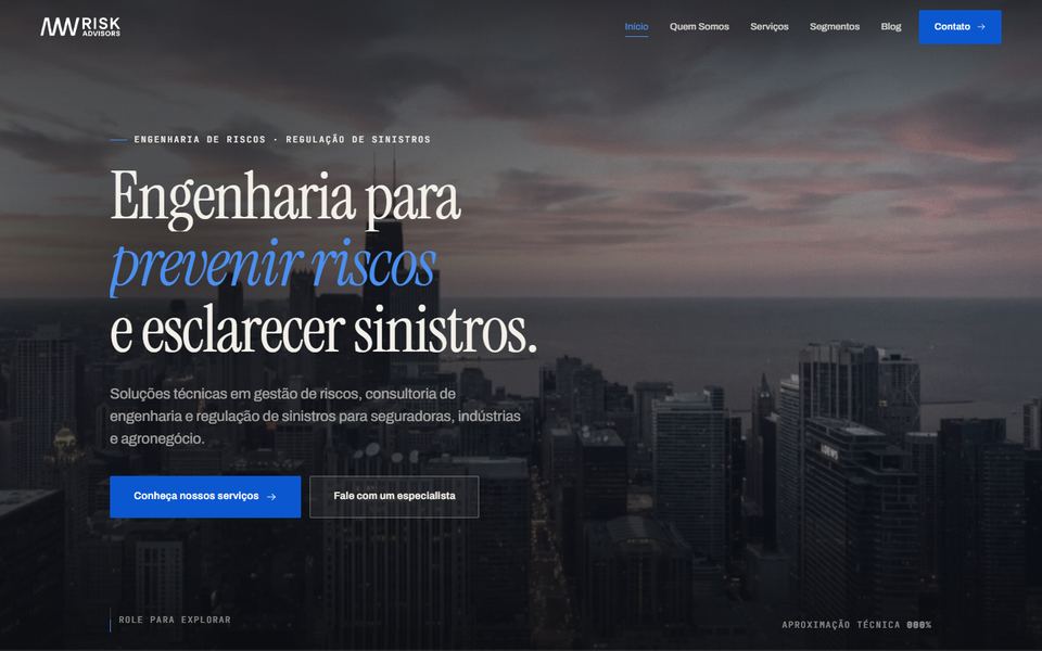Topo da página de NW Risk Advisors, feita pela VEXO
