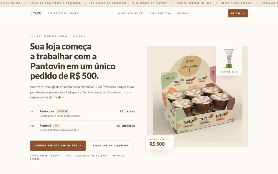 Topo da página de Pantovin, feita pela VEXO